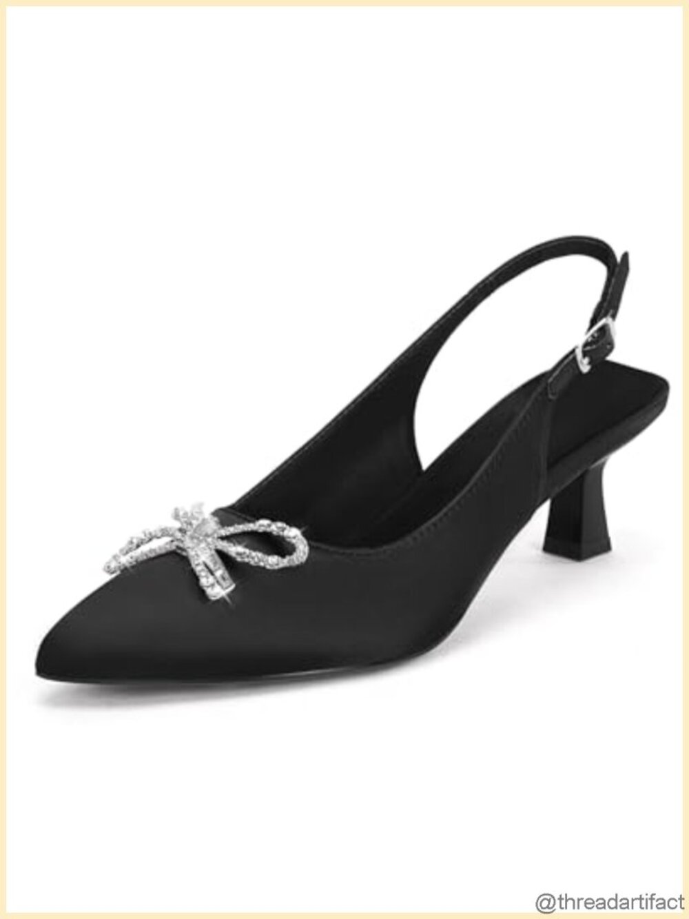 Coutgo Satin Slingback Pumps, Kitten Heels, Rhinestone Bow, Pointed Toe